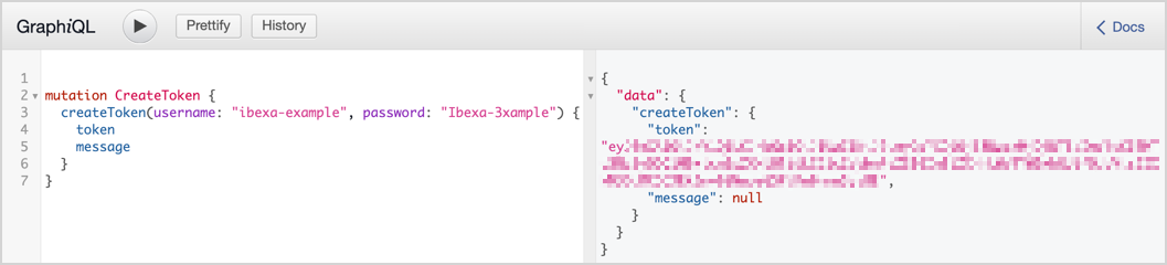 GraphiQL with a JWT token request and its response